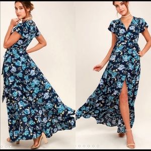 Lulu’s Hydrangea Hideout Blue Floral Print Wrap Maxi